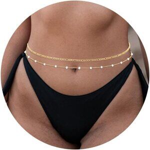 ✨ Rlmoon Waist Chain Women Gold 18K Plated Pearl CZ Belly Layered Jewelry Chain